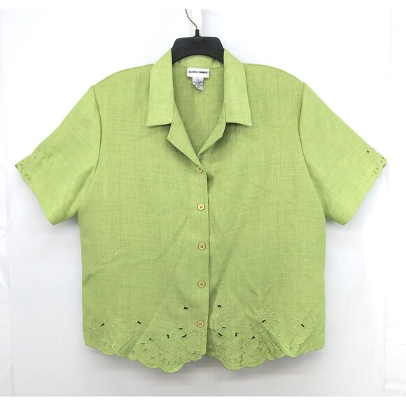 Alfred Dunner Blouse Women Size 20 Green Embroidered Floral Collar Button Up Top - Picture 1 of 7